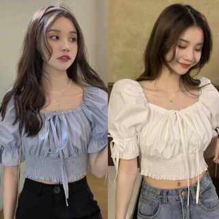 Áo croptop trễ vai kiểu nữ hở vai tay bồng voan trắng xanh VANISA CT065