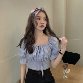 Áo croptop trễ vai kiểu nữ hở vai tay bồng voan trắng xanh VANISA CT065