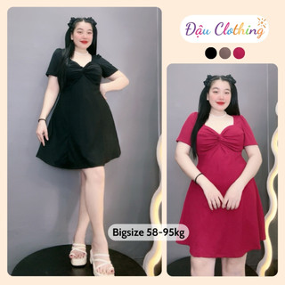 Đầm bigszie tay ngắn xoắn cúp ngực cổ nữ hoàng dáng váy chữ A vải dệt kim thun gân mềm mát G81