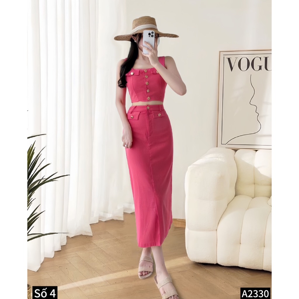 Set đũi linen áo crotop 2 dây phối chân váy midi dáng dài A2330