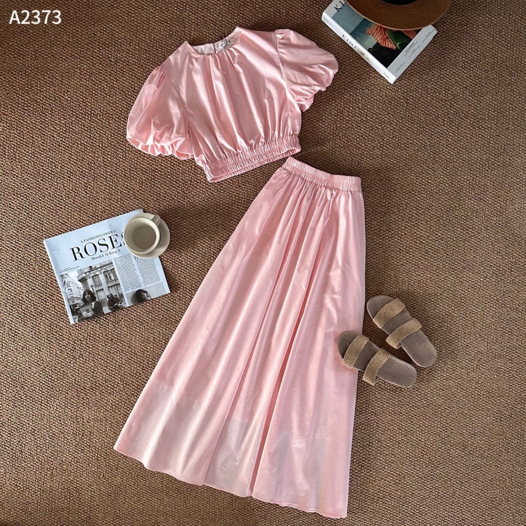 Set bộ thô áo crotop chun eo tay bồng phối chân váy midi dáng dài siêu hách dáng A2373