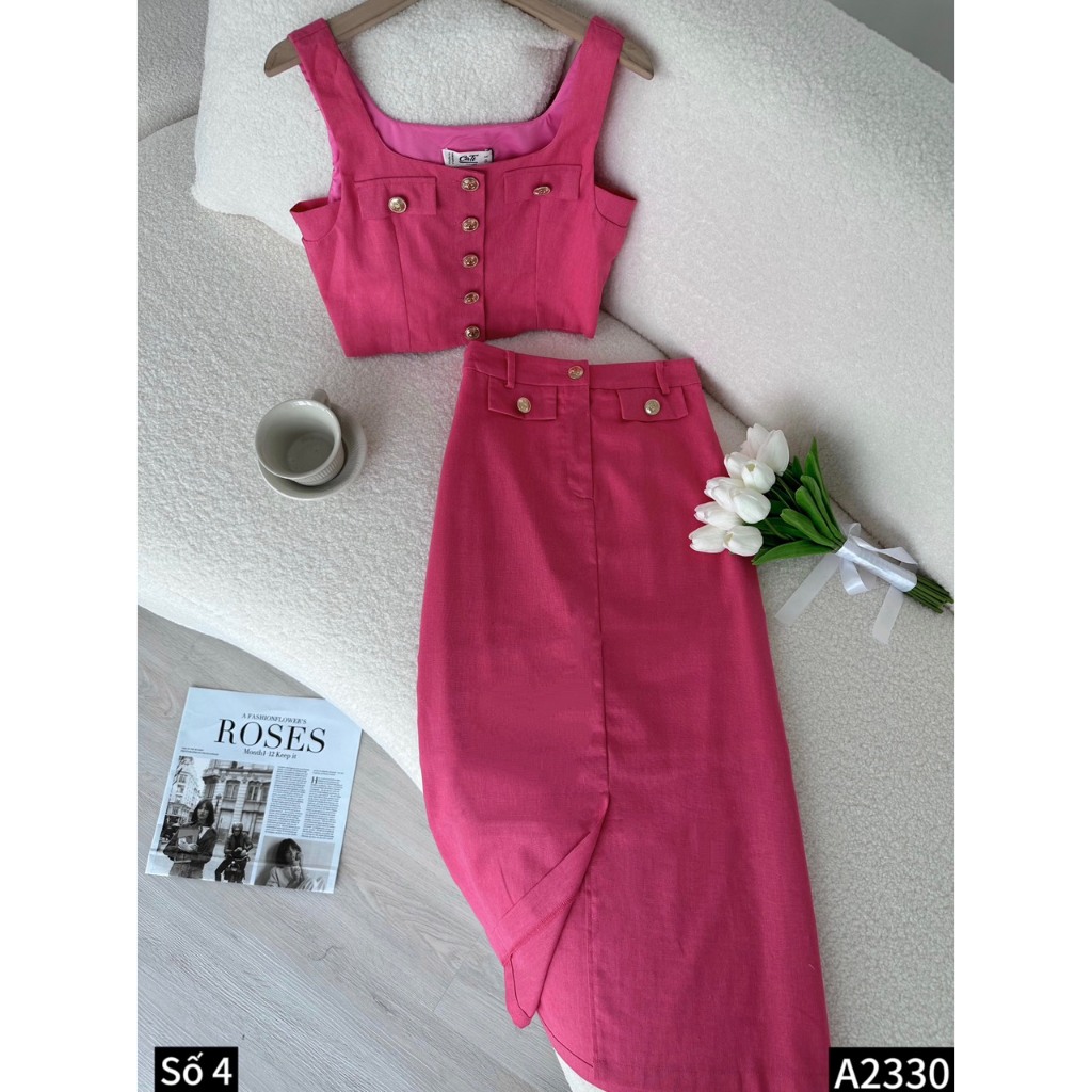 Set đũi linen áo crotop 2 dây phối chân váy midi dáng dài A2330