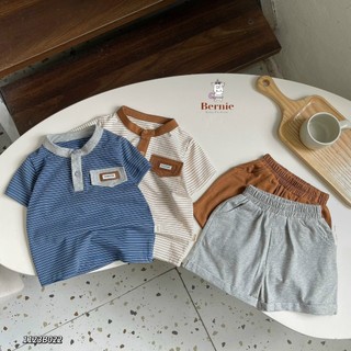 Bộ cộc tay bé trai cotton Bernie áo kẻ cổ trụ phối nắp túi ngực cho bé 9-25kg BUNNKIDS
