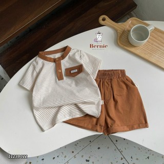 Bộ cộc tay bé trai cotton Bernie áo kẻ cổ trụ phối nắp túi ngực cho bé 9-25kg BUNNKIDS