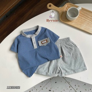 Bộ cộc tay bé trai cotton Bernie áo kẻ cổ trụ phối nắp túi ngực cho bé 9-25kg BUNNKIDS