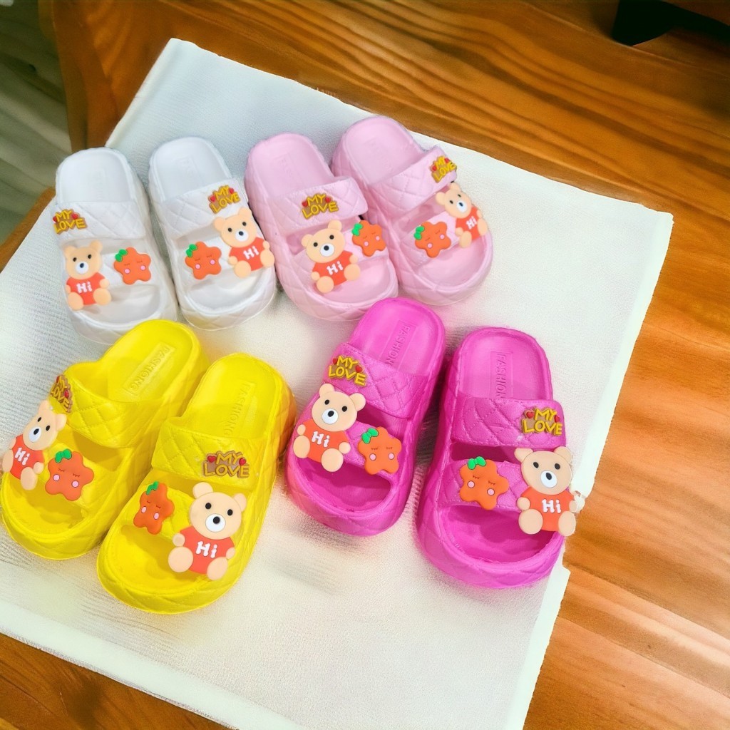 Dép bánh mì 2 quai cho bé gái hình gấu hoa my love siêu dễ thương chống nước đế cao siêu nhẹ và mềm - PHOM TO LÙI SIZE