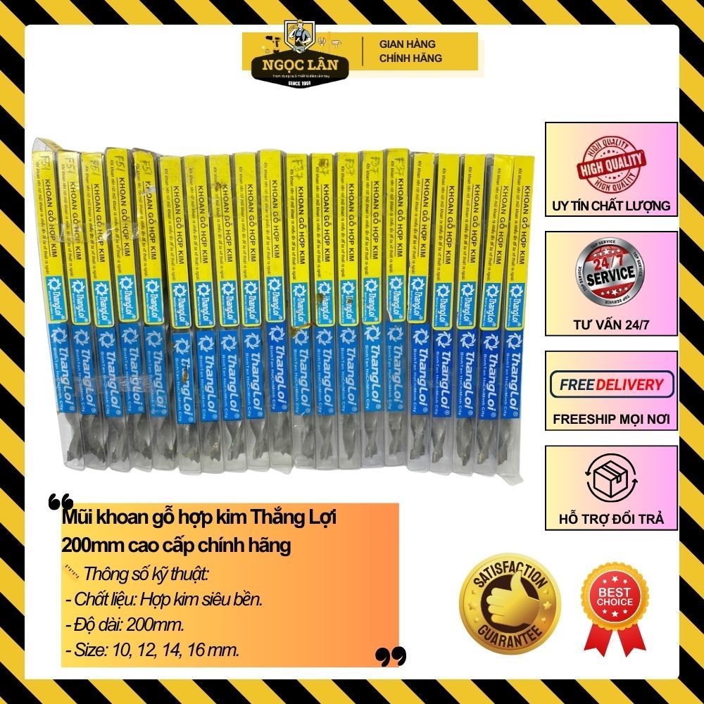 Mũi khoan gỗ hợp kim Thắng Lợi dài 200mm size 10, 12 ,14, 16 mm cao cấp chính hãng