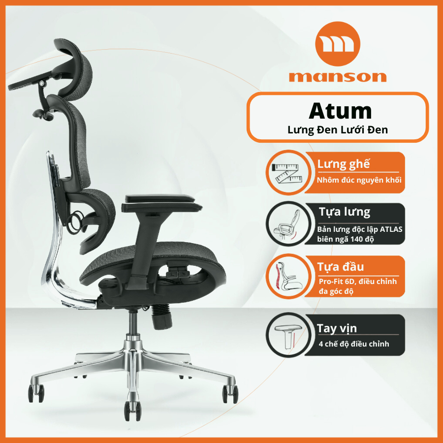 [Chính Hãng] Ghế Manson Atum Màu Đen / Xám - Ghế Xoay Công Thái Học, Lưng Hợp Kim Nhôm, Tựa 6D