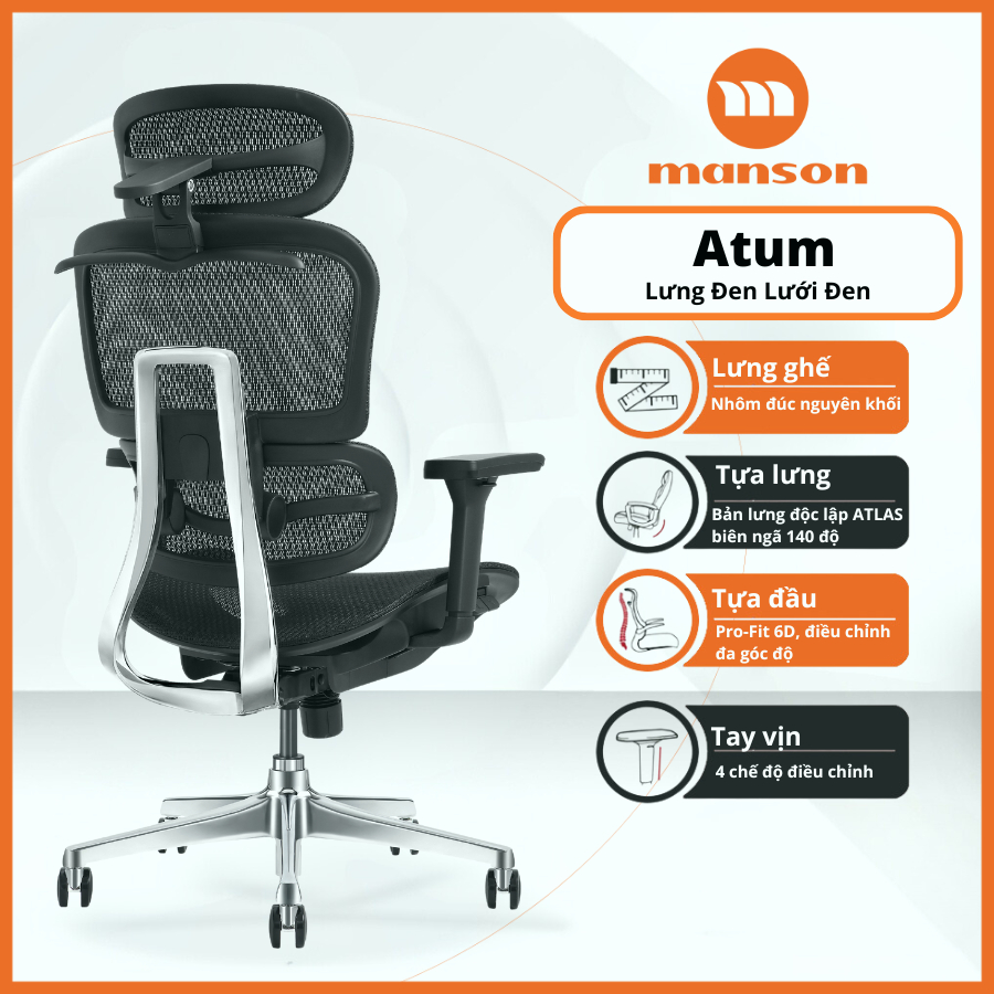 [Chính Hãng] Ghế Manson Atum Màu Đen / Xám - Ghế Xoay Công Thái Học, Lưng Hợp Kim Nhôm, Tựa 6D