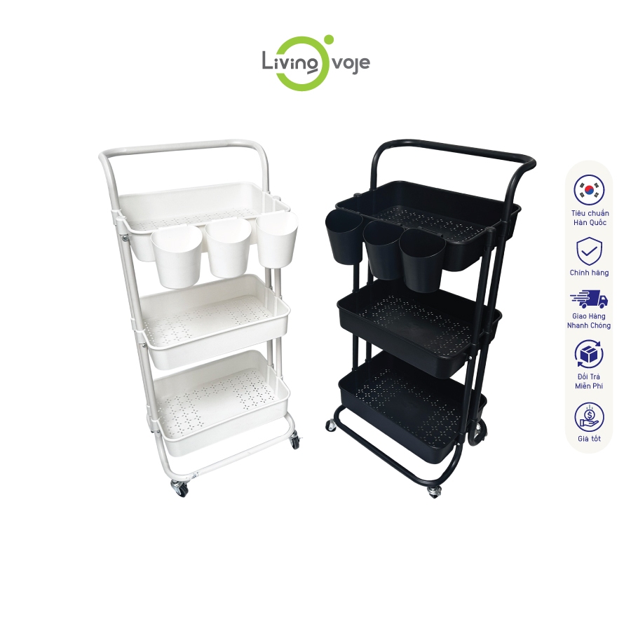 Kệ Xe Đẩy 3 Tầng Có Bánh Xe LivingOvoje, Xe Đẩy Spa, Kệ Bỉm Sữa Có Tay Nắm, Khung Kim Loại Chắc Chắn