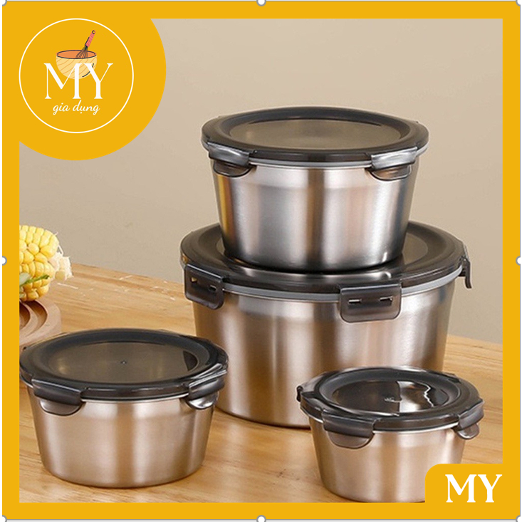 Hộp inox SUS304 hình tròn dùng để đựng thực phẩm tiện lợi có kèm nắp - Hộp đựng thức ăn inox kèm nắp nhiều kích thước.