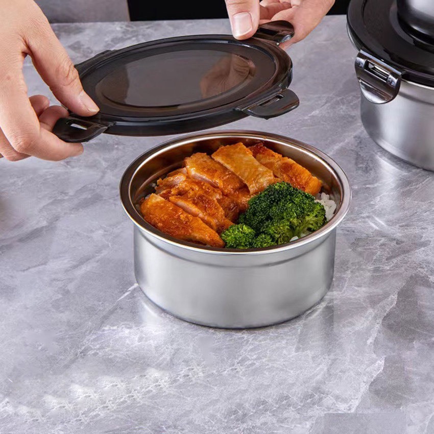 Hộp inox SUS304 hình tròn dùng để đựng thực phẩm tiện lợi có kèm nắp - Hộp đựng thức ăn inox kèm nắp nhiều kích thước.