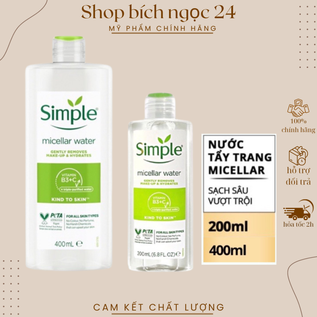 Nước tẩy trang Simple Micellar làm sạch trang điểm vượt trội và cấp ẩm tức thì cho da 200ml, 400ml
