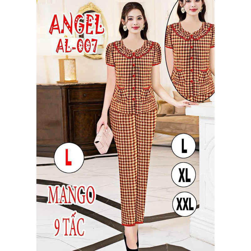 Đồ bộ nữ,đồ ngủ mặc nhà lửng 9 tấc vải lụa mango tay phồng cổ sen hoạ tiết caro dễ thương size 45-62kg.