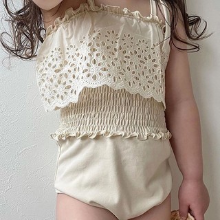 𝐀𝐩𝐫𝐢𝐥 𝐛𝐞́𝐛𝐞́ - Bộ đồ bơi bikini áo tắm liền thân cho bé gái buộc dây màu be phối ren Hàn Quốc