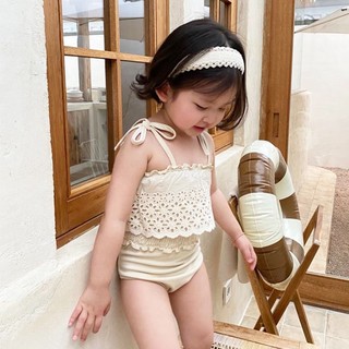 𝐀𝐩𝐫𝐢𝐥 𝐛𝐞́𝐛𝐞́ - Bộ đồ bơi bikini áo tắm liền thân cho bé gái buộc dây màu be phối ren Hàn Quốc