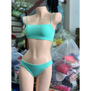 Bộ đồ bơi - bikini 2 mảnh đi biển áo 2 dây quần tam giác vải thun gân màu xanh, hàng của XHILARATION