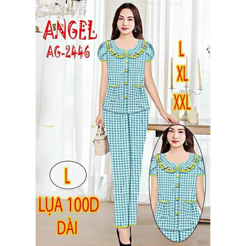 Đồ bộ nữ,đồ ngủ mặc nhà  vải lụa tay phồng cổ sen hoạ tiết sọc caro siêu cưng size 45-67kg.