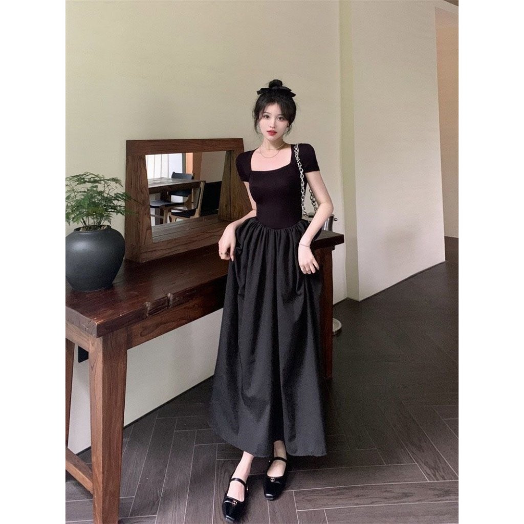 Váy đầm mùa hè dáng dài có túi cổ vuông chiết eo che khuyết điểm đi tiệc đi chơi hàng QCCC SP106