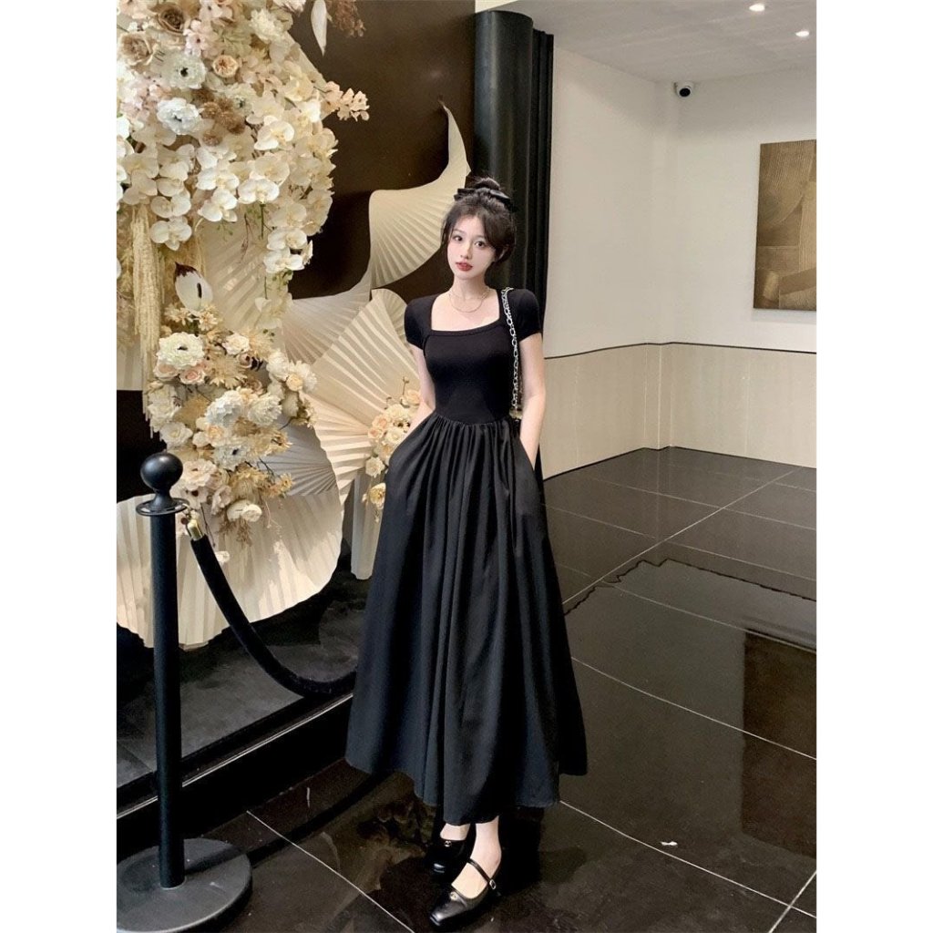 Váy đầm mùa hè dáng dài có túi cổ vuông chiết eo che khuyết điểm đi tiệc đi chơi hàng QCCC SP106