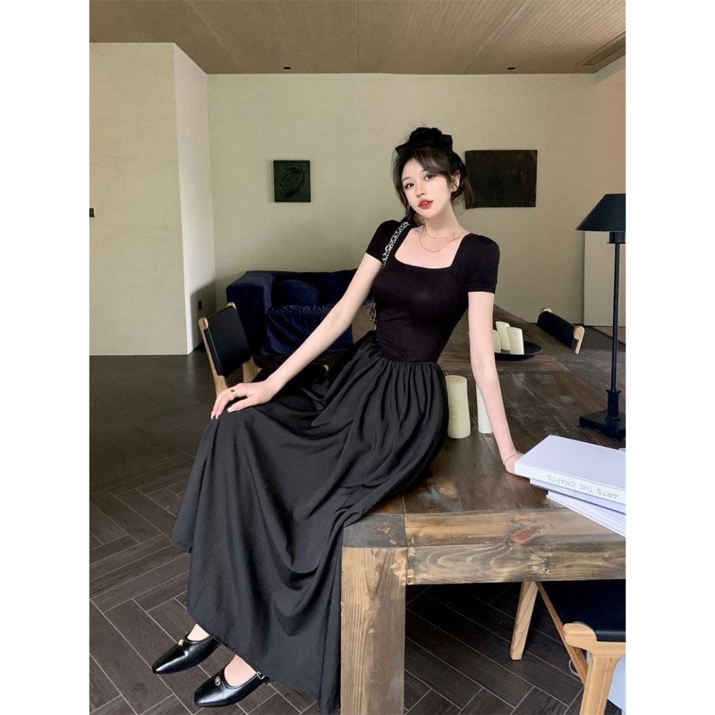 Váy đầm mùa hè dáng dài có túi cổ vuông chiết eo che khuyết điểm đi tiệc đi chơi hàng QCCC SP106