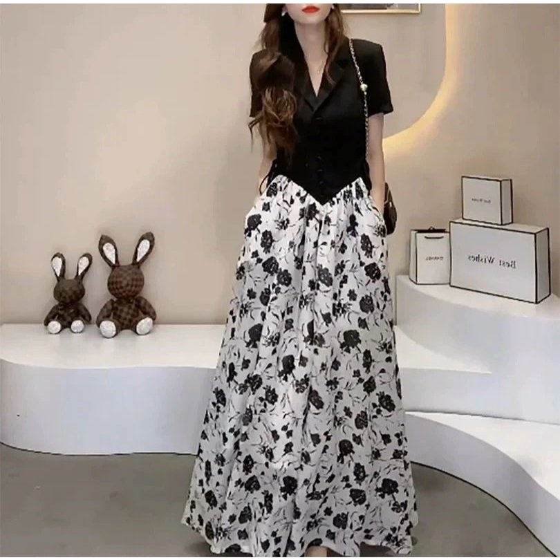 Đầm maxi họa tiết cổ vest phối lụa sang chảnh A1688