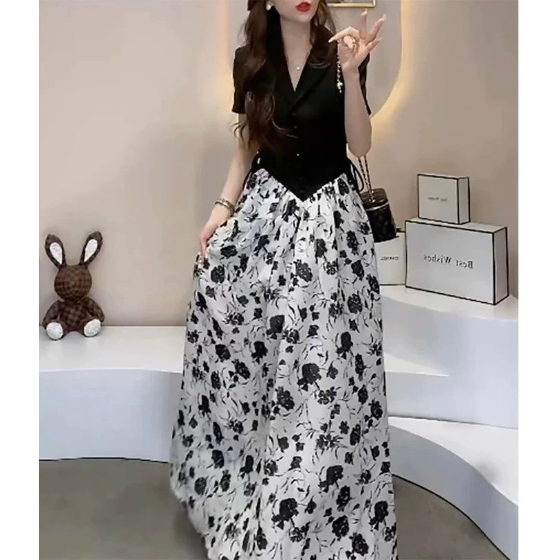 Đầm maxi họa tiết cổ vest phối lụa sang chảnh A1688