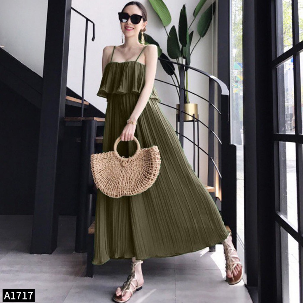 Jumpsuit 2 dây lụa dập ly chạy chun phối bèo A1717