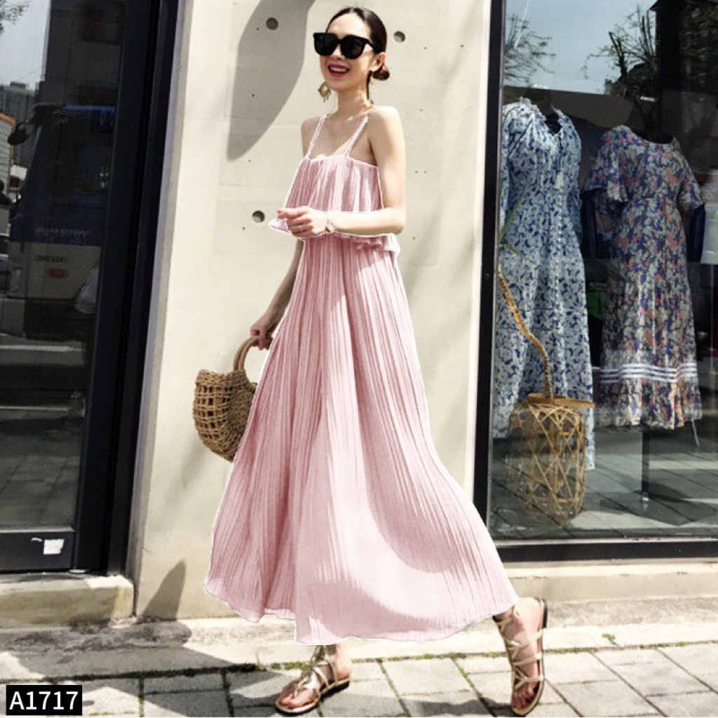 Jumpsuit 2 dây lụa dập ly chạy chun phối bèo A1717