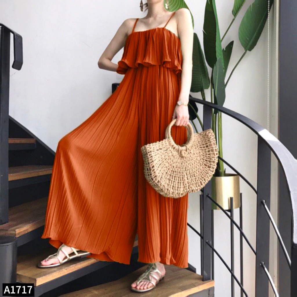 Jumpsuit 2 dây lụa dập ly chạy chun phối bèo A1717