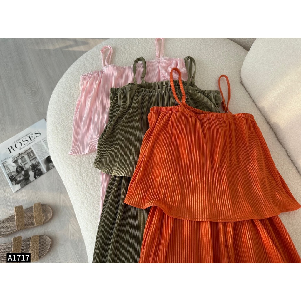 Jumpsuit 2 dây lụa dập ly chạy chun phối bèo A1717