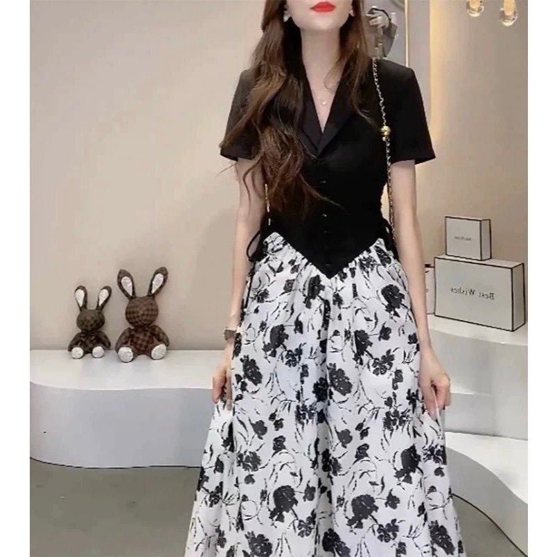 Đầm maxi họa tiết cổ vest phối lụa sang chảnh A1688