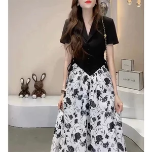 Đầm maxi họa tiết cổ vest phối lụa sang chảnh A1688