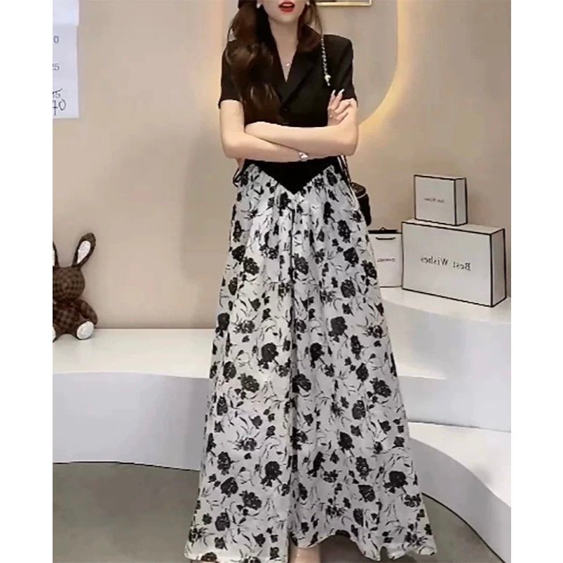 Đầm maxi họa tiết cổ vest phối lụa sang chảnh A1688
