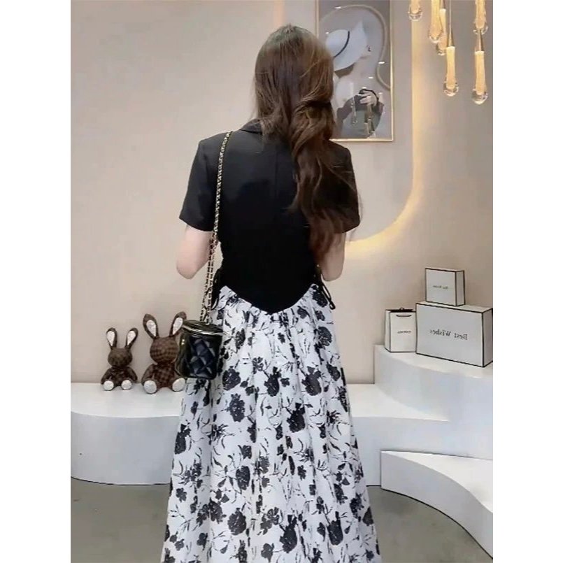 Đầm maxi họa tiết cổ vest phối lụa sang chảnh A1688