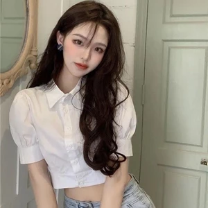 Áo sơ mi trắng dáng croptop phối tay bồng thiết kế kiểu điệu phong cách HQ hàng QC [FREESHIP] SP101
