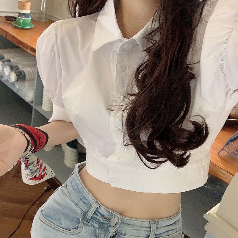 Áo sơ mi trắng dáng croptop phối tay bồng thiết kế kiểu điệu phong cách HQ hàng QC [FREESHIP] SP101