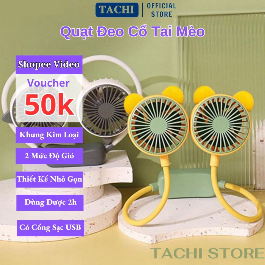 Quạt đeo cổ tai mèo xoay 360 độ có cổng sạc USB có thể gấp gọn thời ...