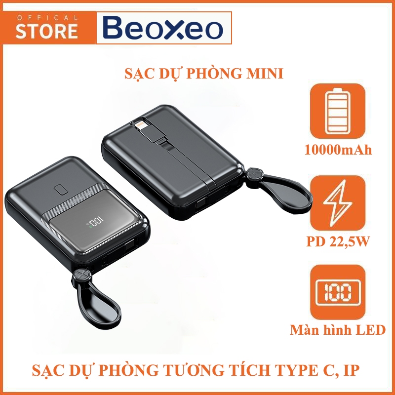 Sạc dự phòng 10000mAh sạc nhanh 22,5W mini cầm tay  tích hợp 2 dây sạc phù hợp với Iphone Samsung Oppo PD01S