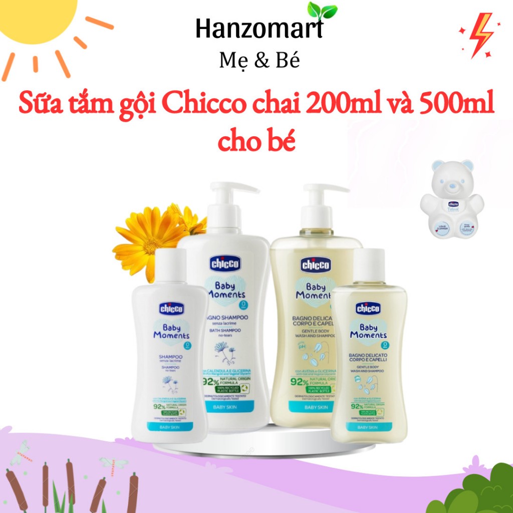 Sữa tắm gội Chicco chính hãng Chiết xuất Yến mạch/ Hoa Cúc/ Hương Phấn cho bé 0M+ 200ml 500ml