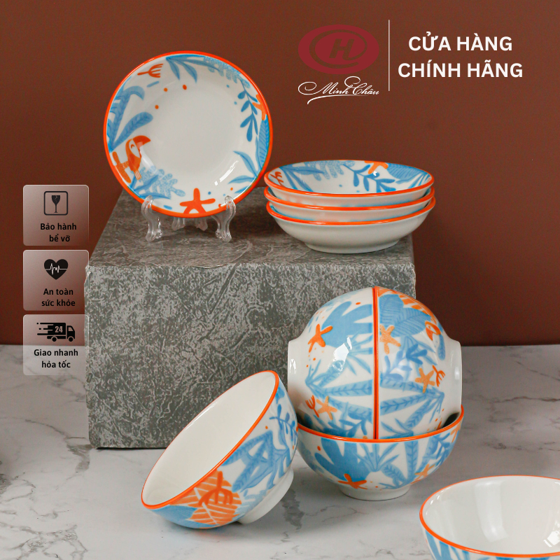 Bát đĩa chấm sứ cao cấp in hình mùa hè nhiệt đới - Sứ Minh Châu