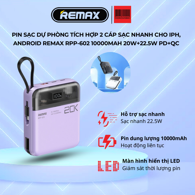 Pin sạc dự phòng tích hợp 2 cáp sạc nhanh cho iPh, Android REMAX RPP ...