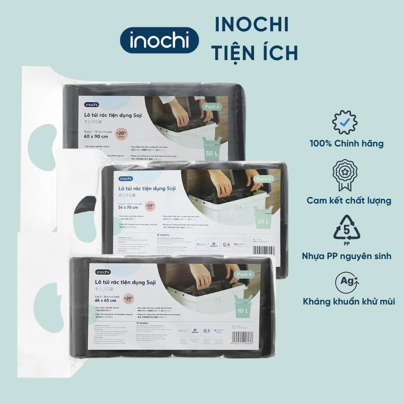 Lô 4 cuộn túi rác tiện dụng có quai màu đen - INOCHI, nhiều màu, size ...