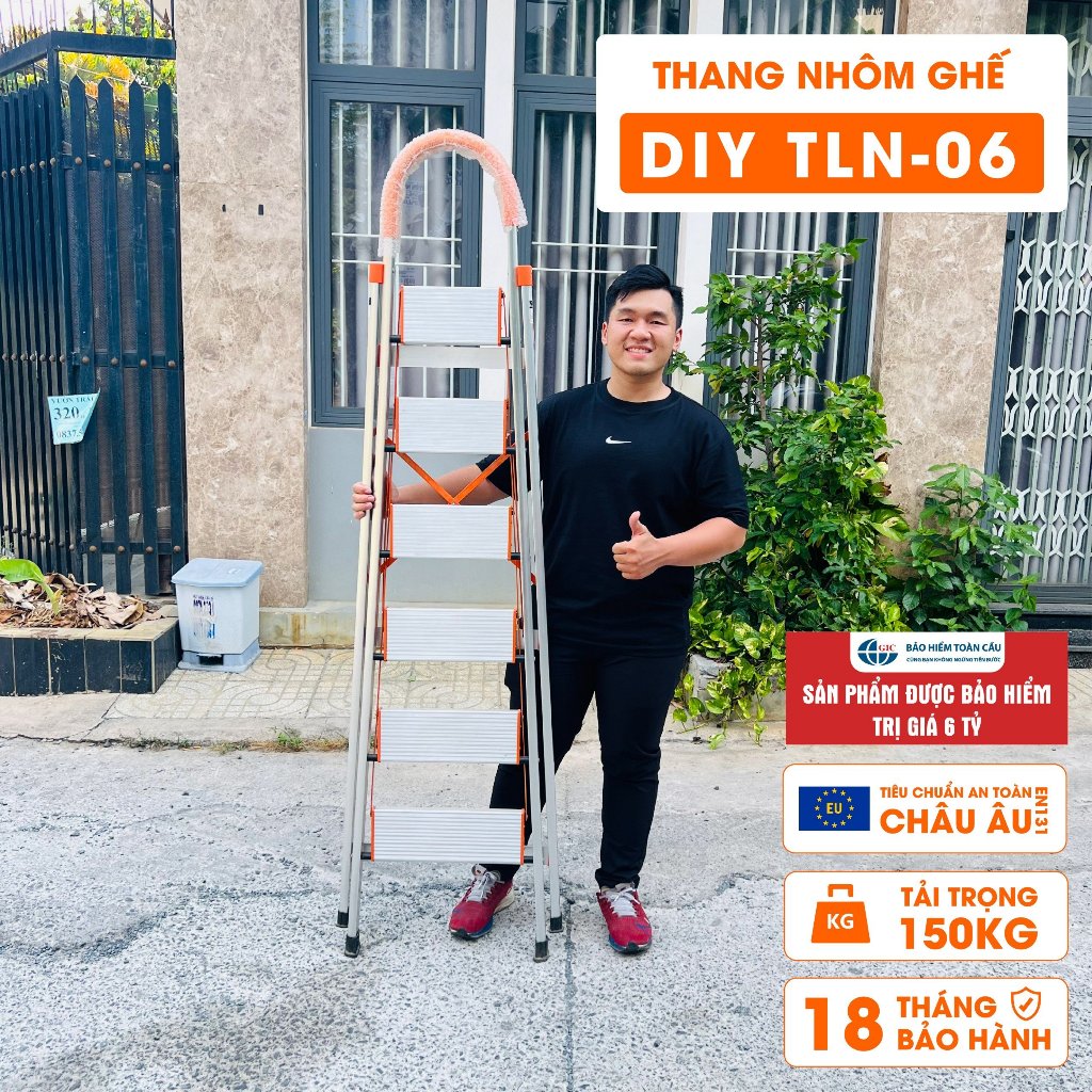 Thang nhôm ghế 6 bậc DIY TLN-06 chiều cao sử dụng tối đa 145cm, tải trọng 150kg