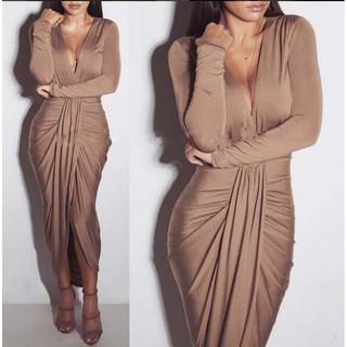 Váy body thu đông Âu Mỹ cổ chữ V dài tay cotton xếp ly gợi cảm chất lượng cao