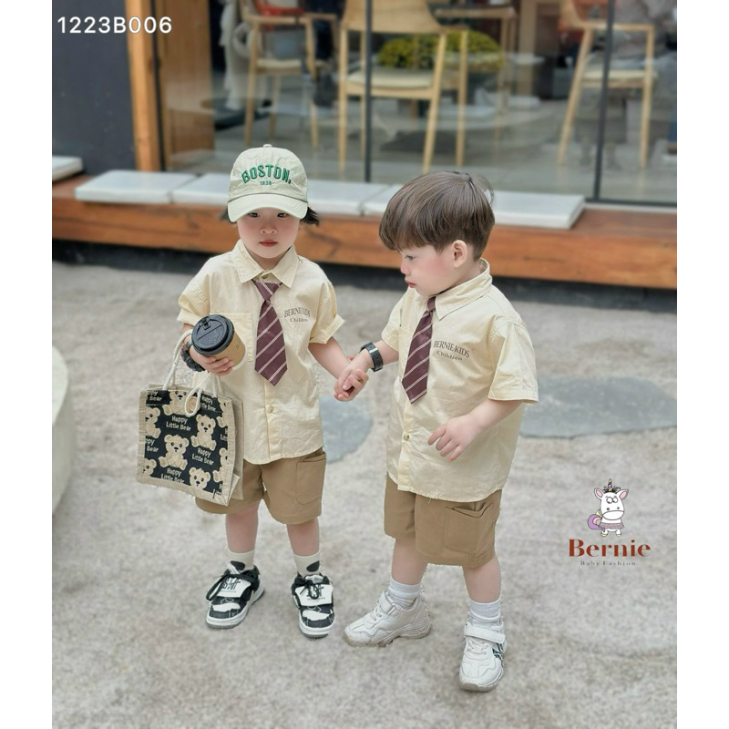 Bộ sơ mi cộc tay kèm cà vạt Bernie cho bé trai bé gái, kiểu dáng basic, chất liệu mềm mại.