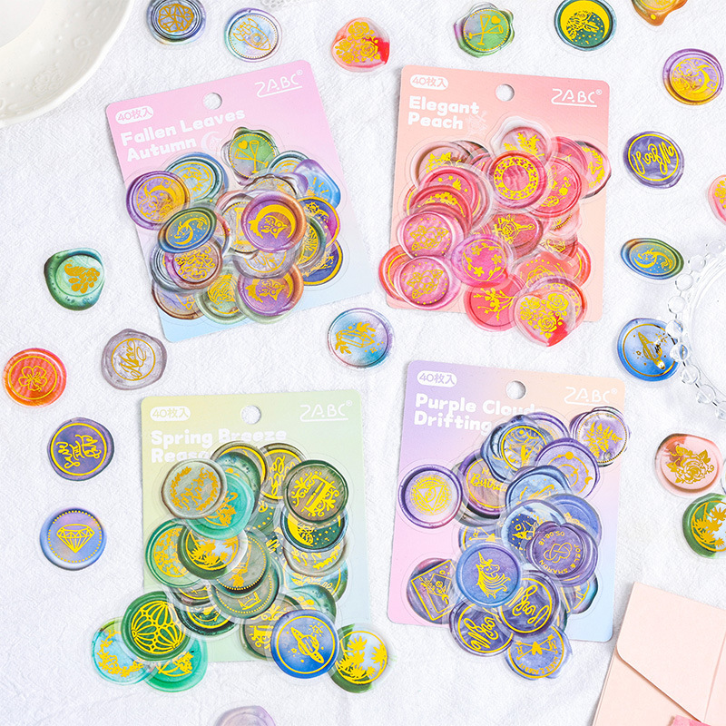 Set 40 chiếc sticker trong suốt CON DẤU SÁP LẤP LÁNH ÁNH KIM HOA LÁ MẶT ...