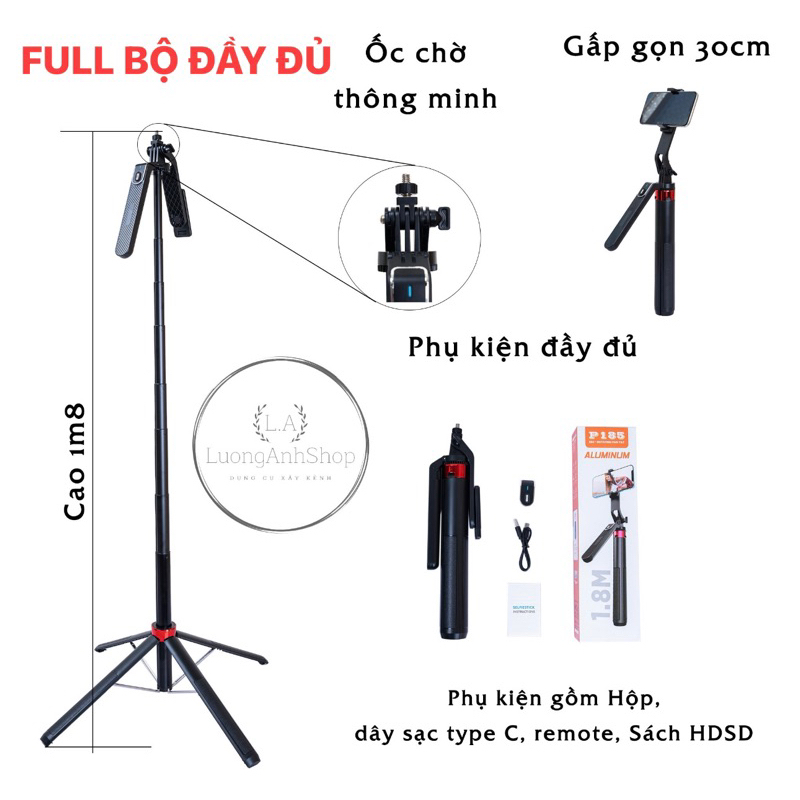 Tripod p185 gấp gọn chụp hình , livetream tiện lợi Selfie
