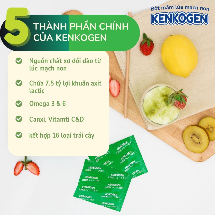 (24 gói ) Bột mầm lúa mạch non Aojiru Kenkogen trái cây lợi khuẩn, chất xơ, Omega 3, Canxi D, Vit C
