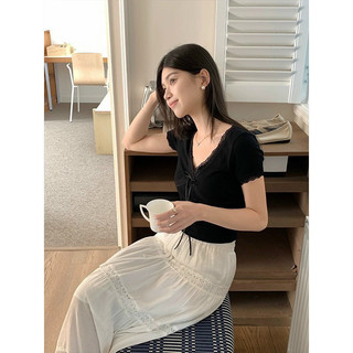 Áo thun cotton dẻo cộc tay trễ vai đính nơ siêu cưng